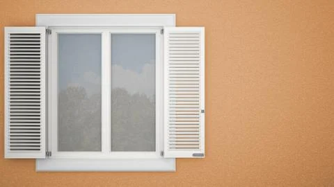 Exterior plaster wall with white window with shutters, garden reflections, pa Stock Illustration