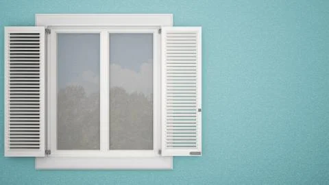 Exterior plaster wall with white window with shutters, garden reflections, pa Ilustración de archivo