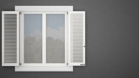 Exterior plaster wall with white window with shutters, garden reflections, da Ilustración de archivo