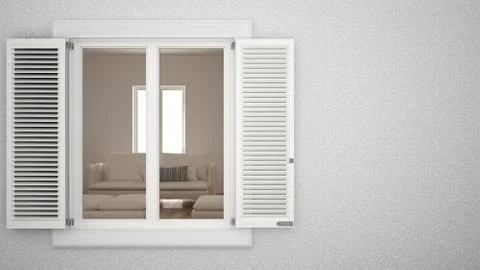 Exterior plaster wall with white window with shutters, showing interior livin Stock Illustration