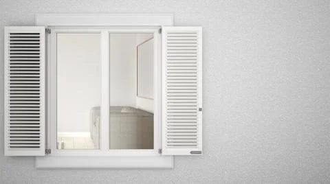Exterior plaster wall with white window with shutters, showing interior livin Ilustración de archivo