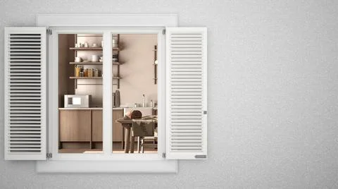 Exterior plaster wall with white window with shutters, showing interior woode Ilustración de archivo