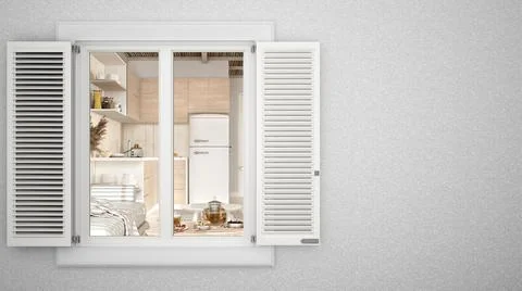 Exterior plaster wall with white window with shutters, showing interior livin Ilustración de archivo