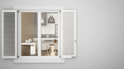 Exterior plaster wall with white window with shutters, showing interior kitch Ilustración de archivo