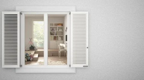 Exterior plaster wall with white window with shutters, showing interior moder Ilustración de archivo