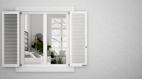 Exterior plaster wall with white window with shutters, showing interior livin Ilustración de archivo
