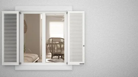 Exterior plaster wall with white window with shutters, showing interior livin Ilustración de archivo