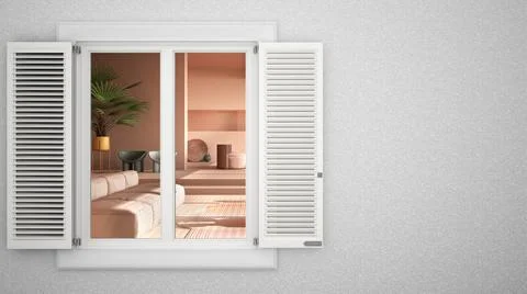 Exterior plaster wall with white window with shutters, showing colored contem Ilustración de archivo