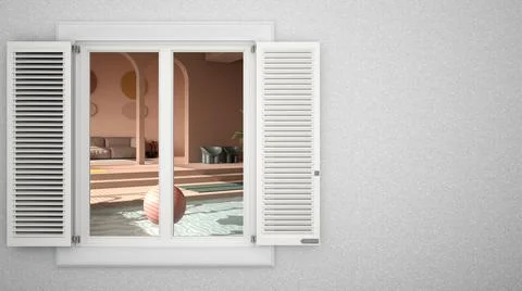Exterior plaster wall with white window with shutters, showing colored contem Ilustración de archivo