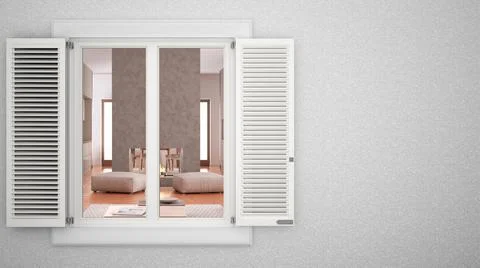 Exterior plaster wall with white window with shutters, showing living room wi Ilustración de archivo
