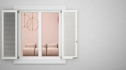 Exterior plaster wall with white window with shutters, showing living room wi Ilustración de archivo