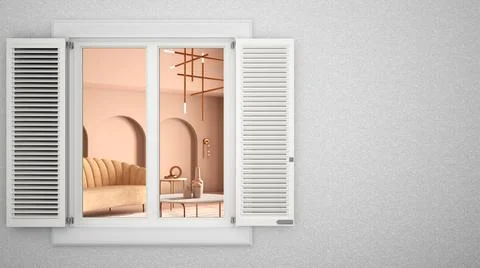 Exterior plaster wall with white window with shutters, showing living room wi Ilustración de archivo