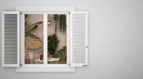 Exterior plaster wall with white window with shutters, showing interior conse Ilustración de archivo