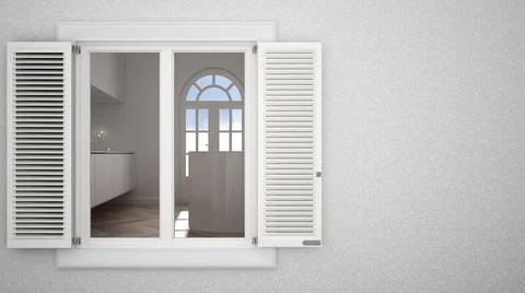 Exterior plaster wall with white window with shutters, showing interior kitch Ilustración de archivo