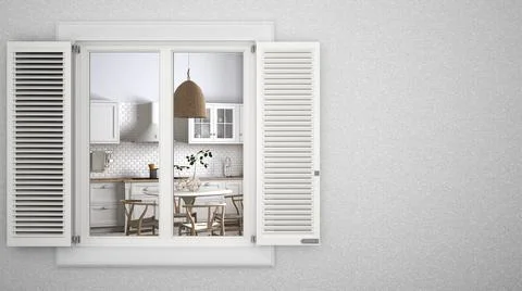 Exterior plaster wall with white window with shutters, showing retro kitchen  Ilustración de archivo