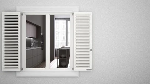 Exterior plaster wall with white window with shutters, showing interior moder Ilustración de archivo