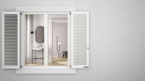 Exterior plaster wall with white window with shutters, showing interior moder Ilustración de archivo
