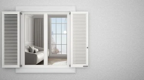 Exterior plaster wall with white window with shutters, showing interior livin Ilustración de archivo