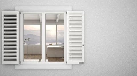 Exterior plaster wall with white window with shutters, showing interior moder Ilustración de archivo