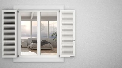 Exterior plaster wall with white window with shutters, showing interior moder Ilustración de archivo