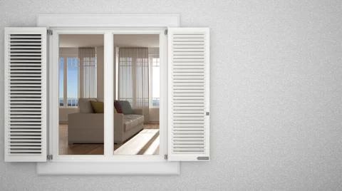 Exterior plaster wall with white window with shutters, showing interior livin Ilustración de archivo