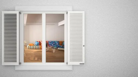 Exterior plaster wall with white window with shutters, showing interior moder Ilustración de archivo