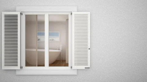 Exterior plaster wall with white window with shutters, showing interior moder Ilustración de archivo