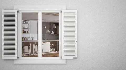 Exterior plaster wall with white window with shutters, showing interior moder Ilustración de archivo