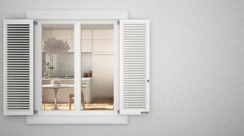 Exterior plaster wall with white window with shutters, showing interior dinin Ilustración de archivo