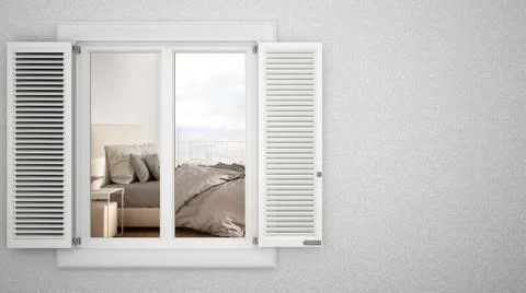 Exterior plaster wall with white window with shutters, showing interior bedro Ilustración de archivo