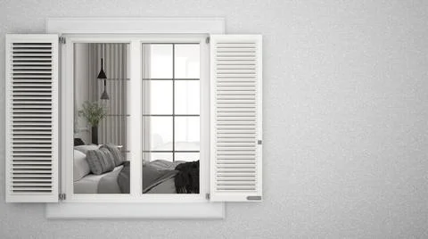 Exterior plaster wall with white window with shutters, showing interior bedro Ilustración de archivo