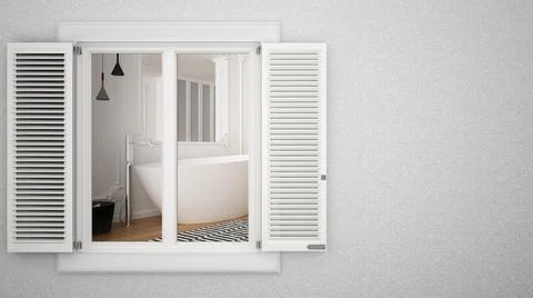 Exterior plaster wall with white window with shutters, showing interior moder Ilustración de archivo