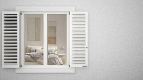 Exterior plaster wall with white window with shutters, showing interior bedro Ilustración de archivo