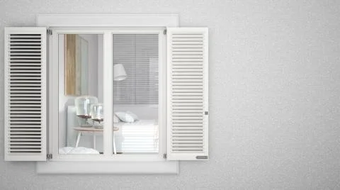 Exterior plaster wall with white window with shutters, showing interior bedro Ilustración de archivo