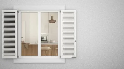 Exterior plaster wall with white window with shutters, showing interior moder Ilustración de archivo