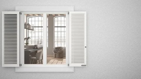 Exterior plaster wall with white window with shutters, showing interior kitch Ilustración de archivo