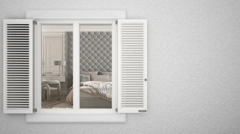 Exterior plaster wall with white window with shutters, showing interior bedro Ilustración de archivo