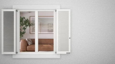 Exterior plaster wall with white window with shutters, showing interior livin Ilustración de archivo