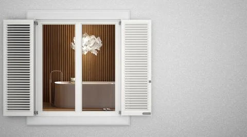 Exterior plaster wall with white window with shutters, showing interior moder Ilustración de archivo