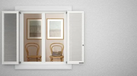 Exterior plaster wall with white window with shutters, showing living room wi Ilustración de archivo