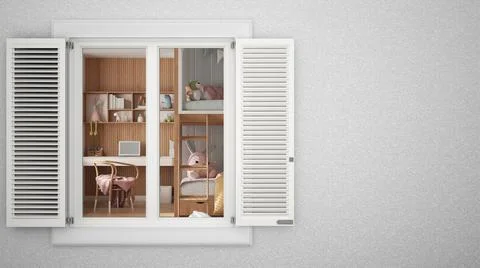 Exterior plaster wall with white window with shutters, showing interior moder Ilustración de archivo