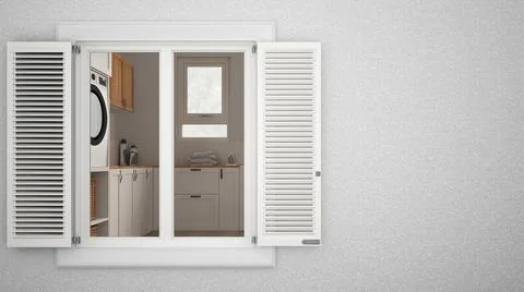 Exterior plaster wall with white window with shutters, showing pet friendly l Ilustración de archivo