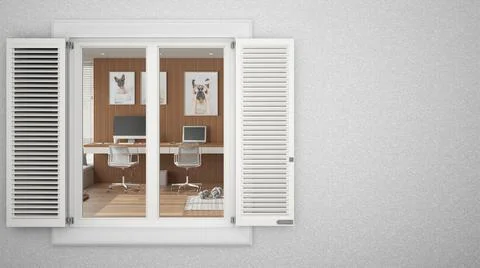 Exterior plaster wall with white window with shutters, showing home corner of Ilustración de archivo