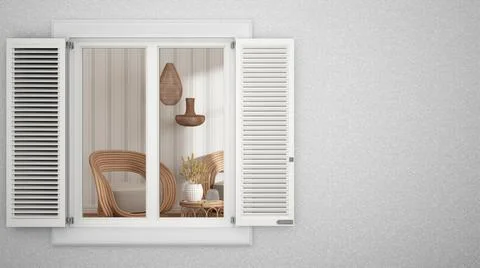 Exterior plaster wall with white window with shutters, showing interior livin Ilustración de archivo