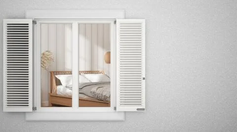 Exterior plaster wall with white window with shutters, showing bedroom with w Ilustración de archivo