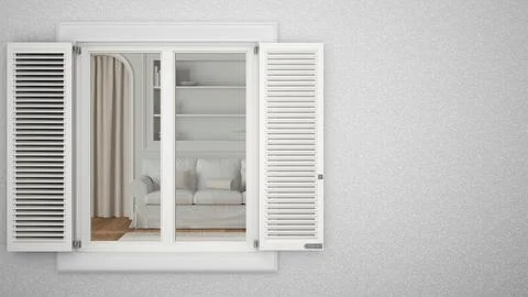 Exterior plaster wall with white window with shutters, showing classic living Ilustración de archivo