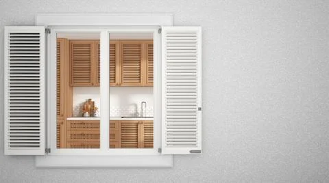 Exterior plaster wall with white window with shutters, showing wooden country Stock Illustration