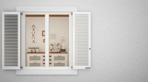 Exterior plaster wall with white window with shutters, showing sideboard in n Stock Illustration
