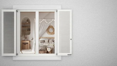 Exterior plaster wall with white window with shutters, showing interior boho  Ilustración de archivo