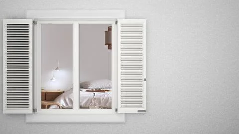 Exterior plaster wall with white window with shutters, showing interior japan Ilustración de archivo